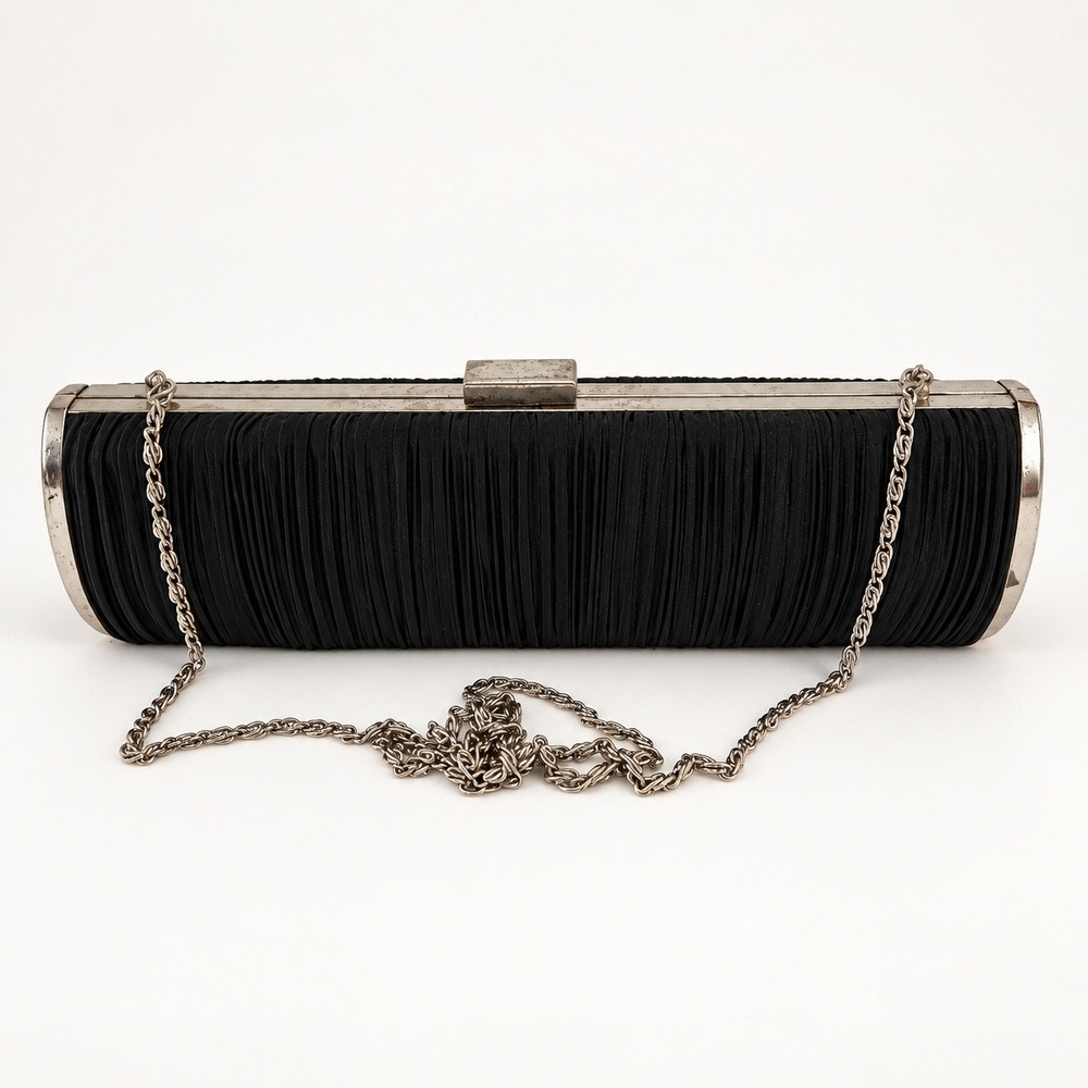 Vtg Black Pleated Evening Clutch Bag Silver Tone Frame Removable Chain Purse